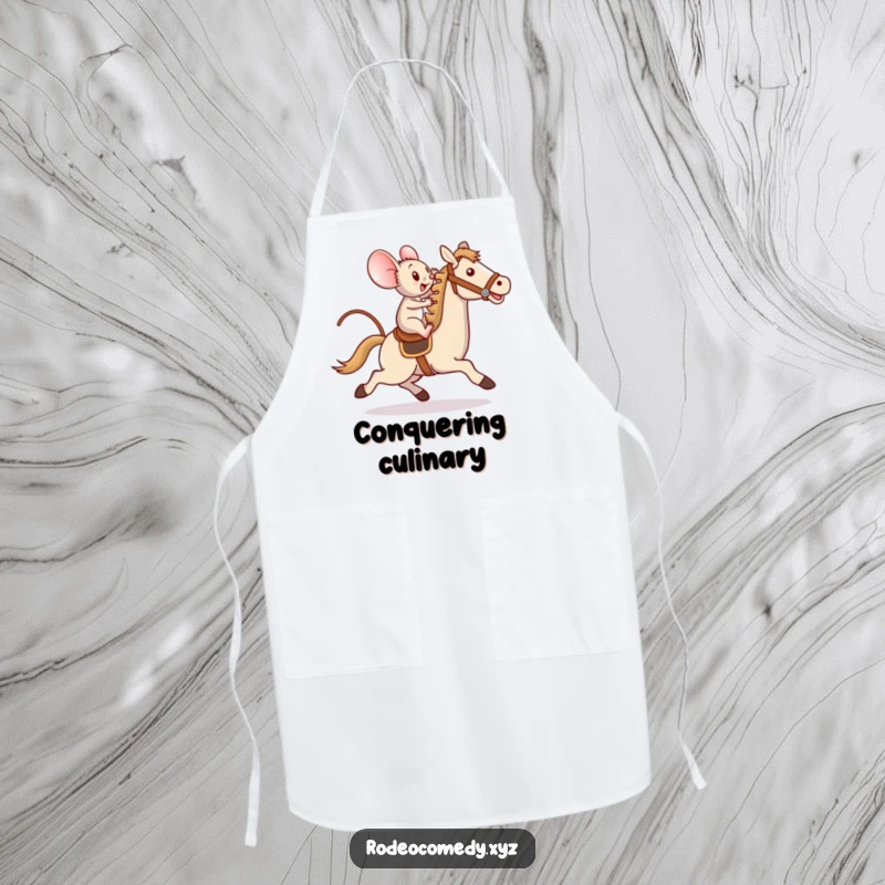 Funny apron featuring a determined mouse bravely riding a toy horse with a triumphant flourish, a humorous and practical kitchen accessory.