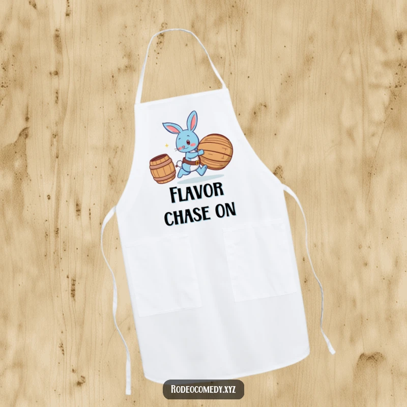 Funny blue bunny wearing spurs, chasing a rolling barrel, on a functional apron, bringing playful humor to the kitchen.