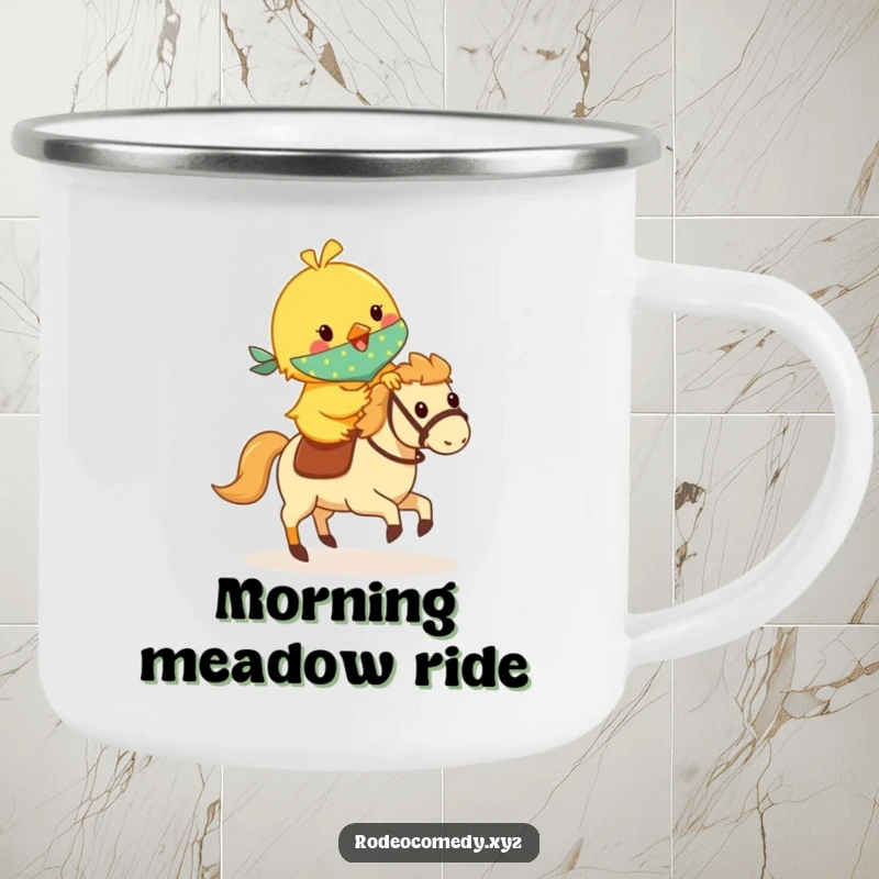 Funny yellow chick in a bandana, riding a small galloping hobby horse, on a durable camping mug for outdoor fun and smiles.