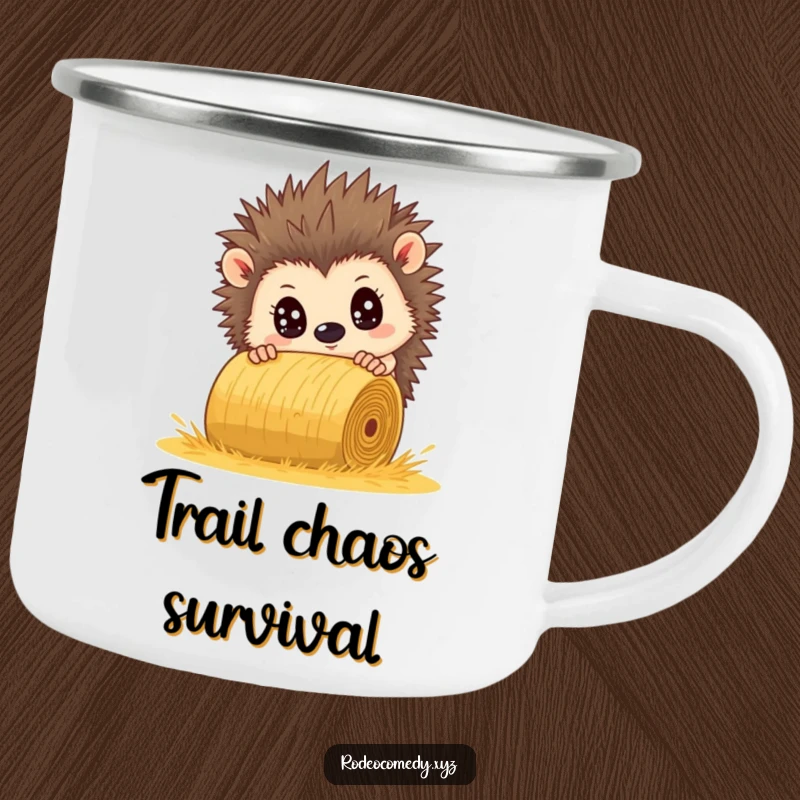 Funny hedgehog camping mug, comically startled, dodging a rolling hay bale. Rugged humor for adventurers.