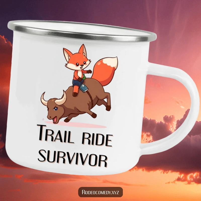 Funny red fox in chaps, riding a bucking mechanical bull, on a durable camping mug for outdoor laughs and enjoyment.