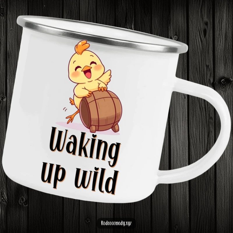 Funny baby chick camping mug, gleefully trying to tip a miniature barrel. Durable and humorously energetic.