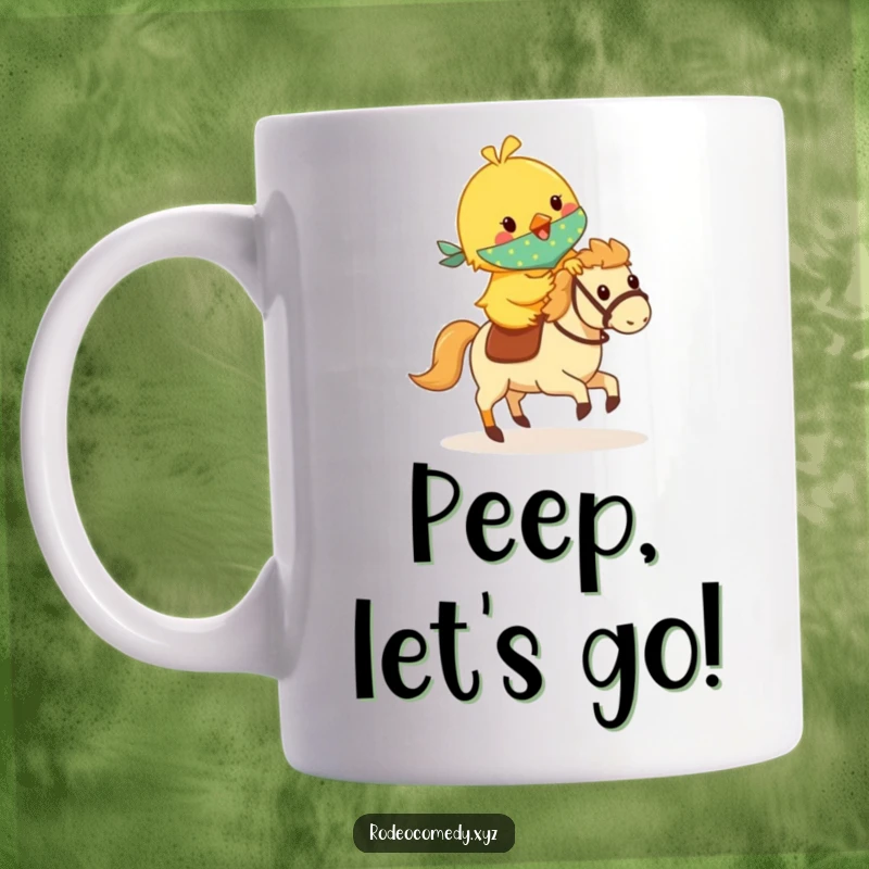 Funny yellow chick in a bandana, bravely riding a small galloping hobby horse, on a cheerful mug, depicting a joyful journey.