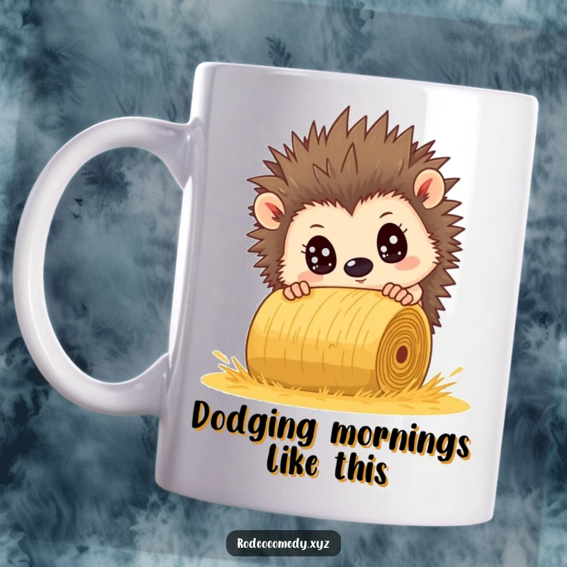 Funny hedgehog mug, comically wide eyes, trying to dodge a rolling hay bale. A hilarious, relatable moment.