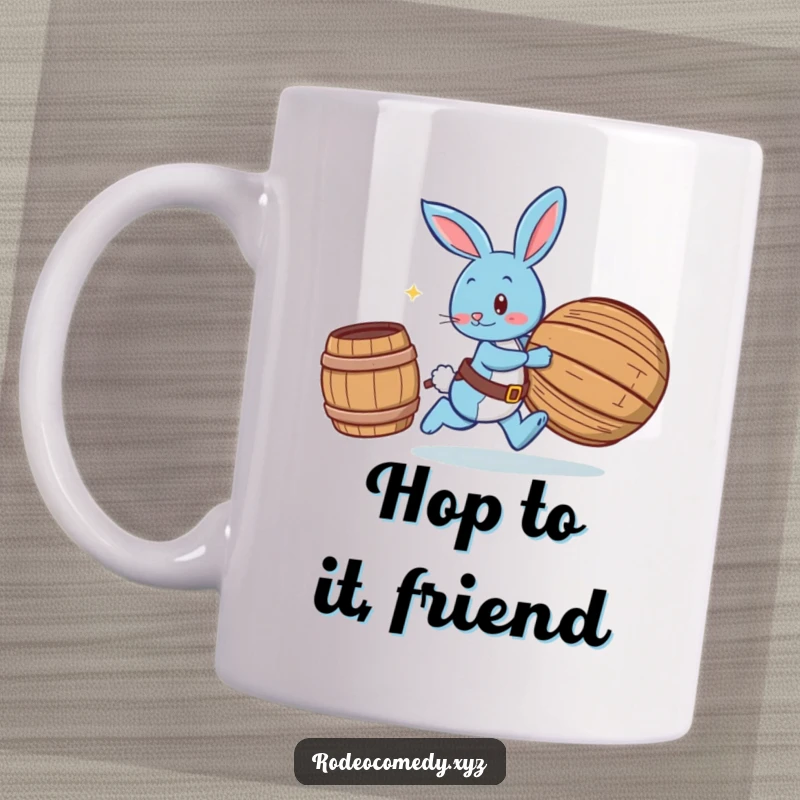 Funny blue bunny wearing spurs, playfully chasing a rolling barrel on a cheerful mug, capturing a moment of lighthearted pursuit.