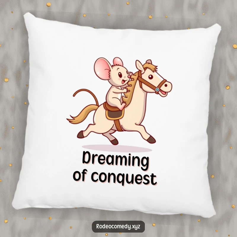 Funny pillow with a determined mouse bravely riding a toy horse, soft decor for a triumphant and humorous touch.