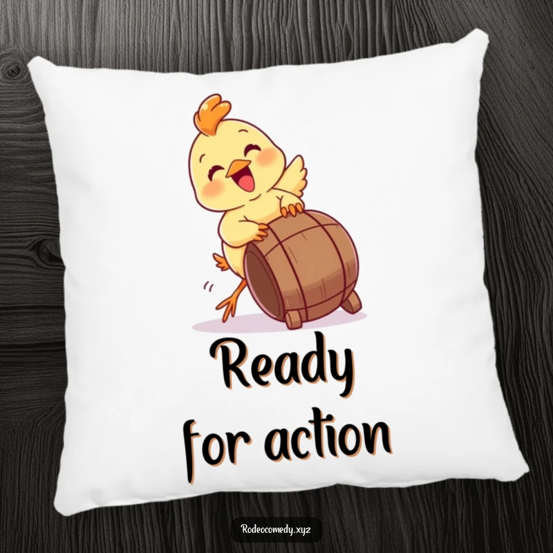 Funny baby chick pillow, gleefully trying to tip a miniature barrel. Soft, decorative, and humorous.