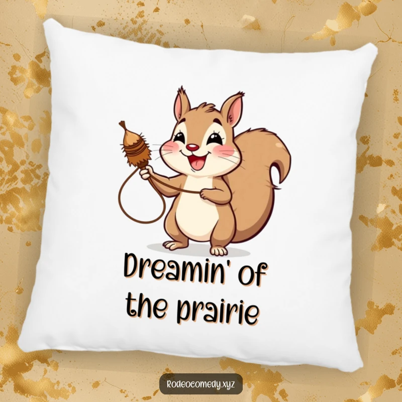 Funny squirrel pillow, cheerfully lassoing a tumbleweed with a massive, happy grin. A soft, humorous decorative piece.