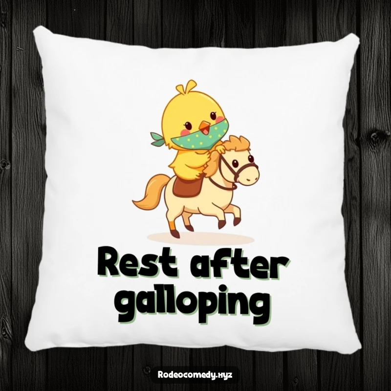 Funny yellow chick in a bandana, riding a small galloping hobby horse, printed on a soft pillow for cozy, cheerful vibes.