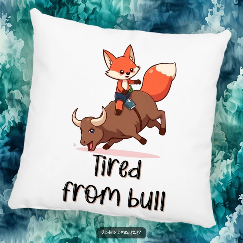 Funny red fox wearing chaps, on a bucking mechanical bull, printed on a soft pillow, adding humor and comfort.