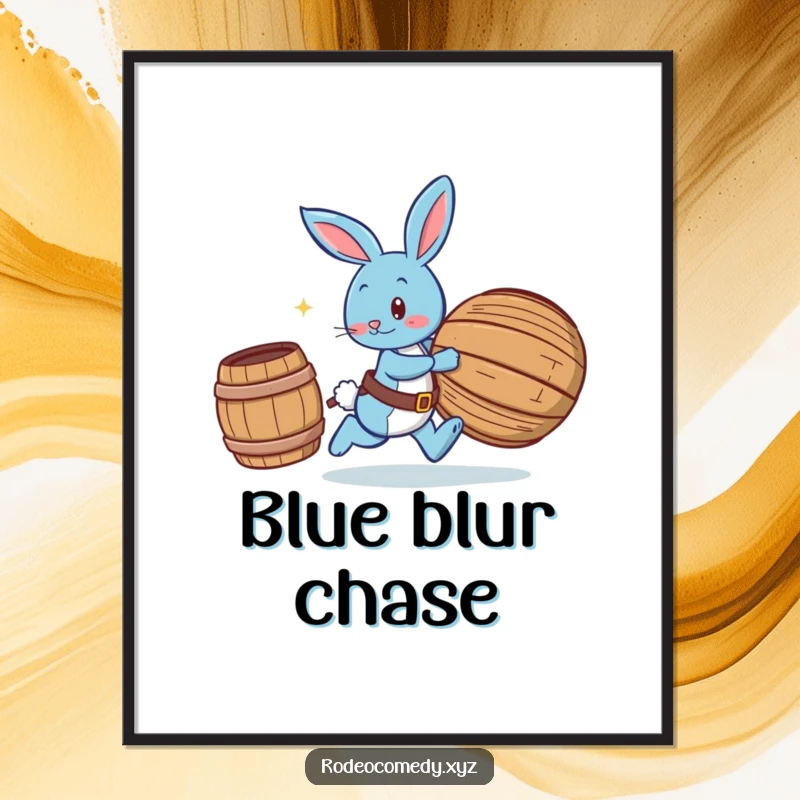 Funny blue bunny wearing spurs, playfully chasing a rolling barrel, as a downloadable digital art print for instant playful decor.