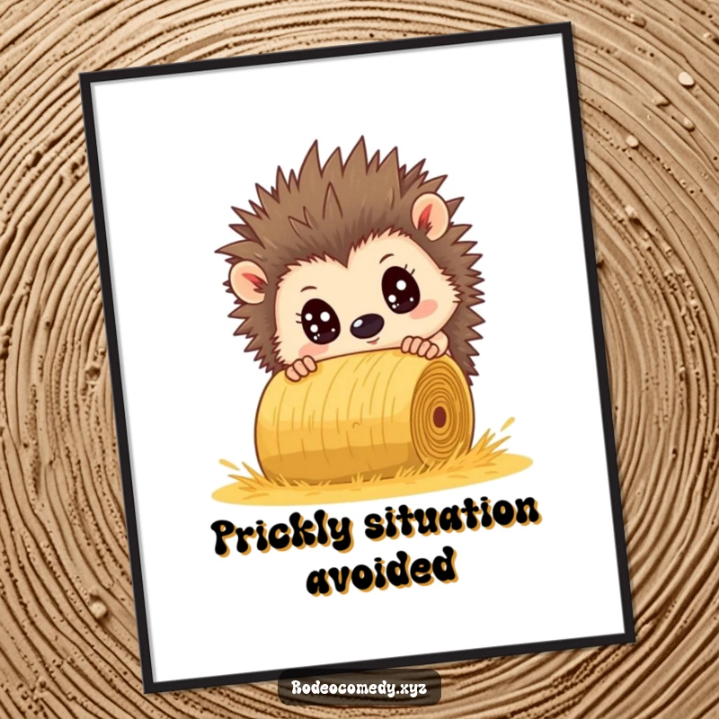 Funny hedgehog digital art print, comically wide-eyed, dodging a rolling hay bale. High-res, humorous artwork.