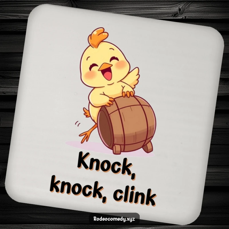 Funny baby chick coaster, gleefully attempting to tip a miniature barrel. Protects surfaces with humor.