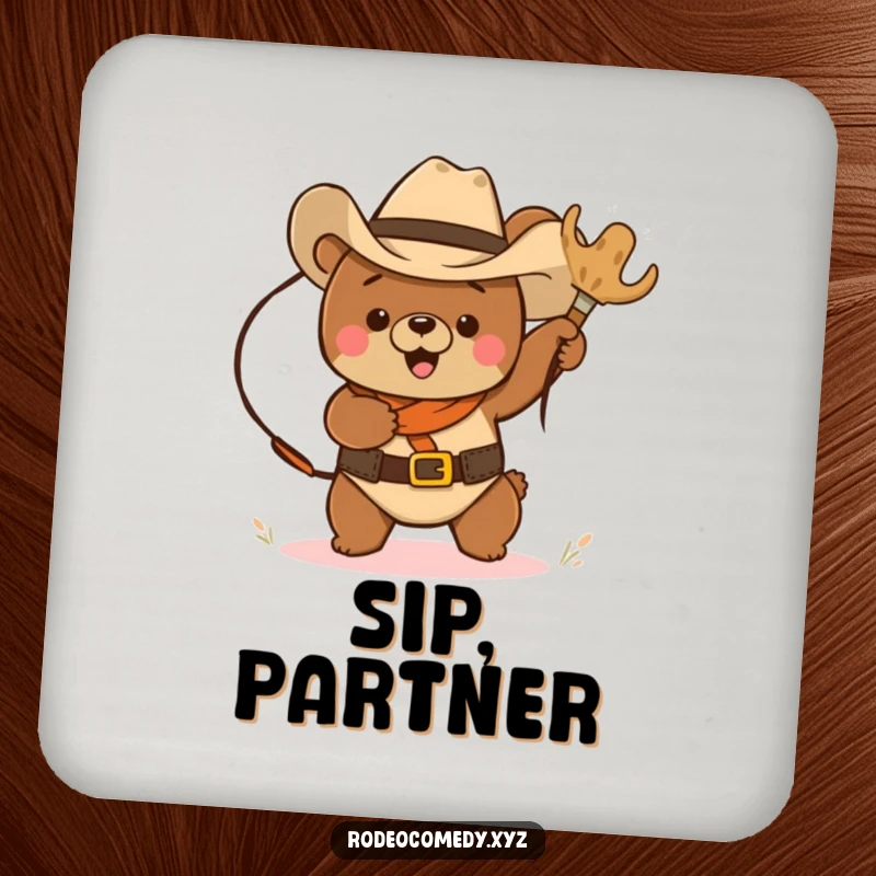 Funny cowboy bear lassoing a tumbleweed, printed on a protective drink coaster, adding a humorous western flair.