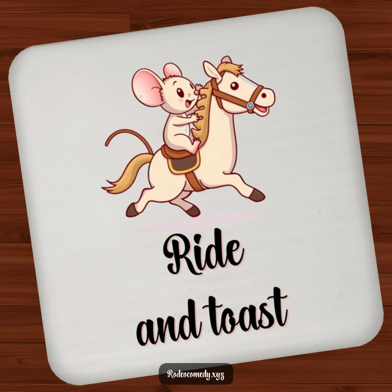 Funny drink coaster with a determined mouse bravely riding a toy horse, protecting tables with courageous and humorous style.