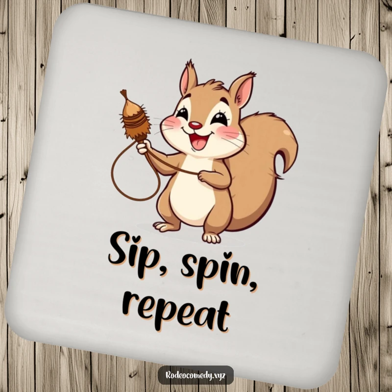 Funny squirrel coaster, humorously lassoing a spinning tumbleweed with a wide, joyful grin. Protects furniture with style.