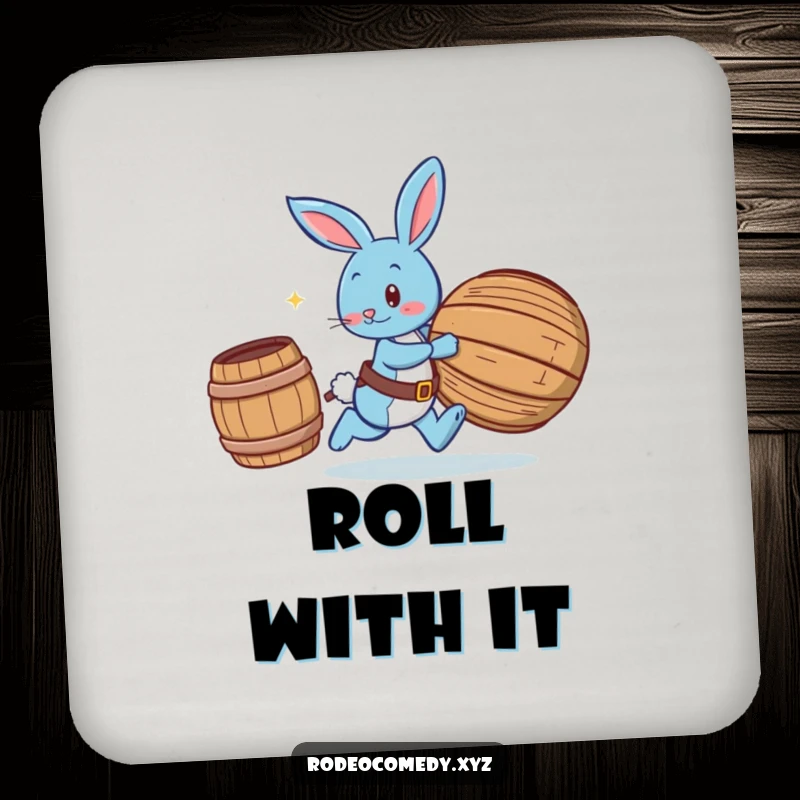 Funny blue bunny wearing spurs, chasing a rolling barrel, printed on a protective drink coaster, adding playful humor.