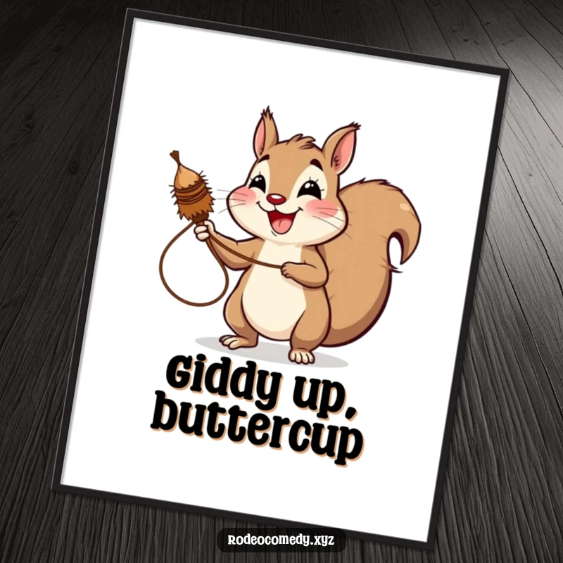 Funny squirrel poster, playfully lassoing a spinning tumbleweed with an infectious, wide grin. A vibrant, humorous scene.