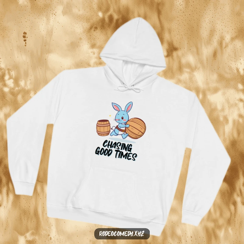 Funny blue bunny wearing spurs, chasing a rolling barrel, printed on a warm hoodie for humorous comfort and style.