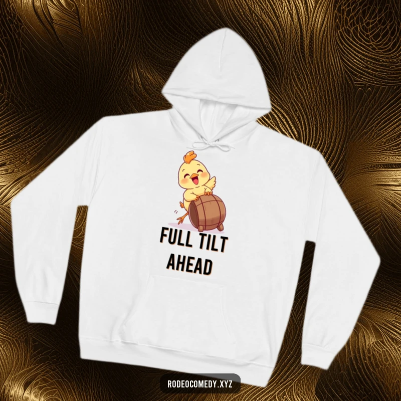 Funny baby chick hoodie, gleefully attempting to tip over a miniature barrel. Cozy and full of humor.