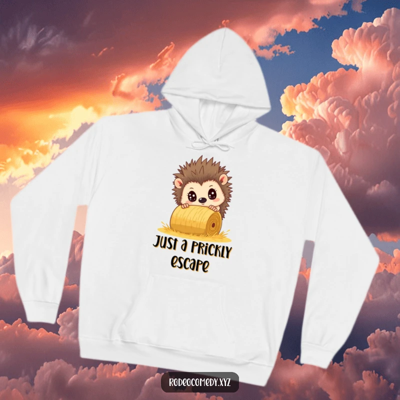 Funny hedgehog hoodie, eyes wide with comical panic, dodging a large rolling hay bale. Warm and hilarious.