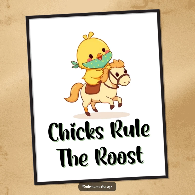 Funny Free Printable Wall Art: Cheerful yellow chick in bandana bravely galloping on a hobby horse, radiating joy.