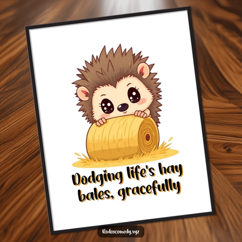 Funny Free Printable Wall Art: A brave hedgehog with comically wide eyes attempting to dodge a giant rolling hay bale with great urgency.