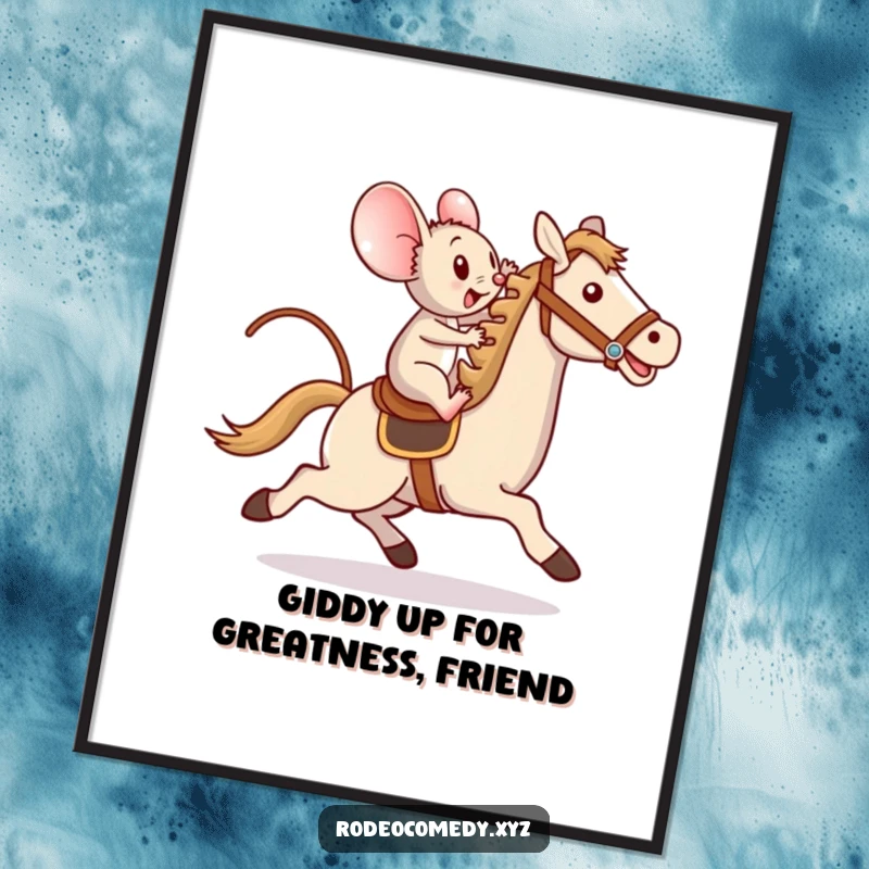 Funny Free Printable Mouse Wall Art: Determined mouse bravely riding a galloping toy horse.