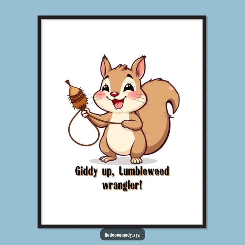 Free Printable Wall Art: Funny Squirrel Lassoing Tumbleweed, Hilarious Downloadable Decor