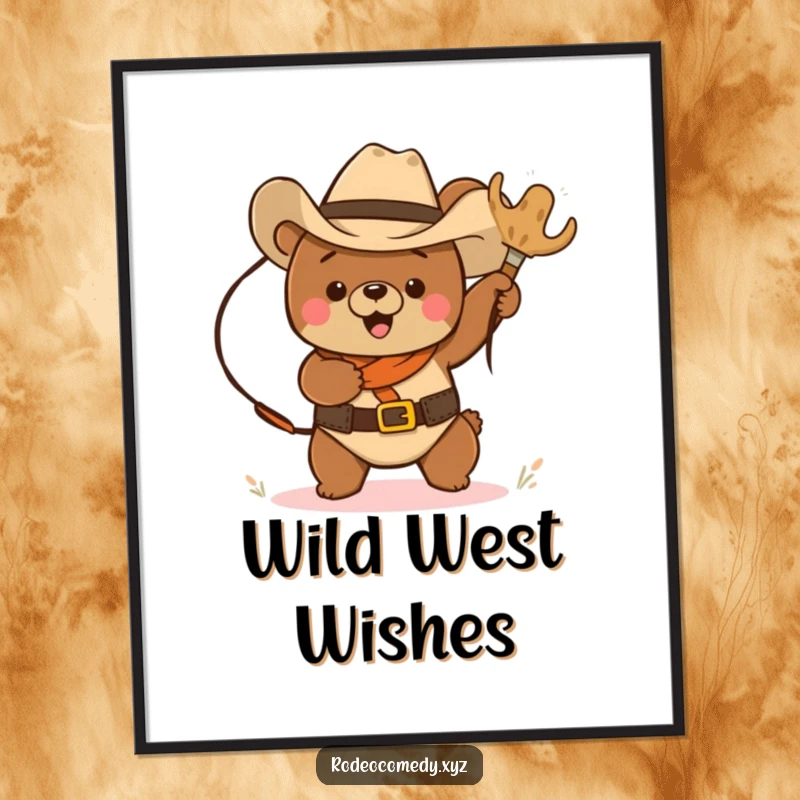Funny Free Printable Wall Art: Cowboy bear in hat excitedly lassoing a bouncing tumbleweed, capturing Western adventure.