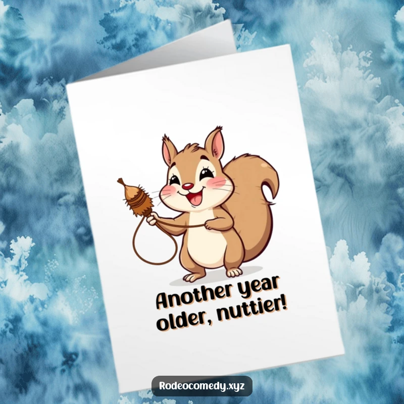 Funny Free Printable Birthday Card: Cheerful squirrel with a wide grin lassoing a spinning tumbleweed, ready for a wild celebration.