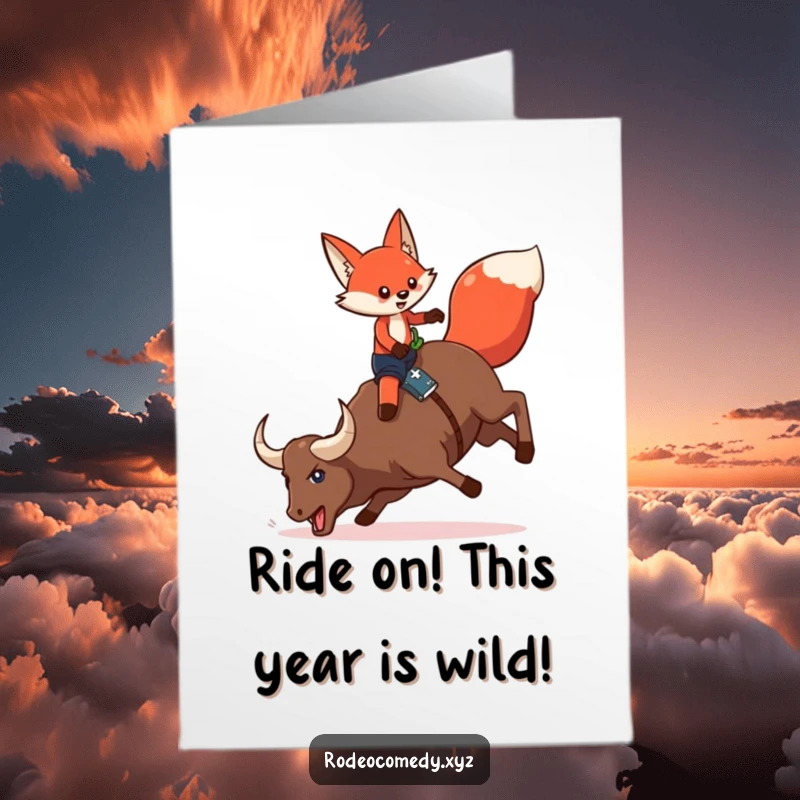 Funny Free Printable Birthday Card: Red fox in chaps determined to ride a bucking mechanical bull, capturing rodeo spirit.