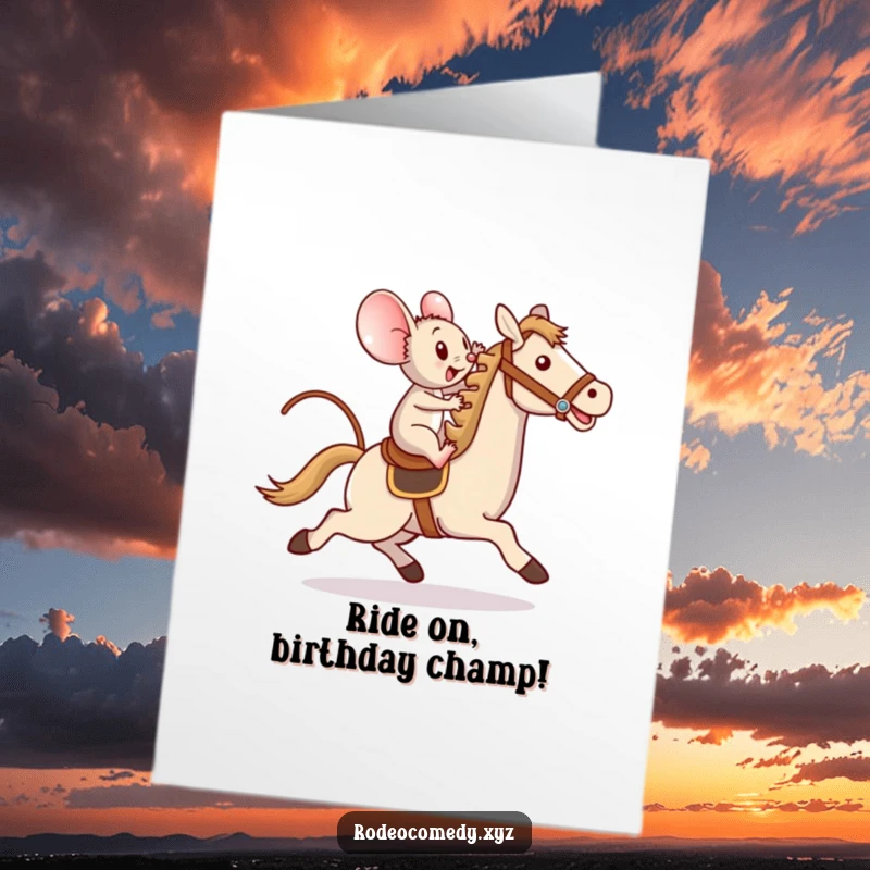 Funny Free Printable Mouse Birthday Card: Mouse bravely riding toy horse with triumphant flourish.