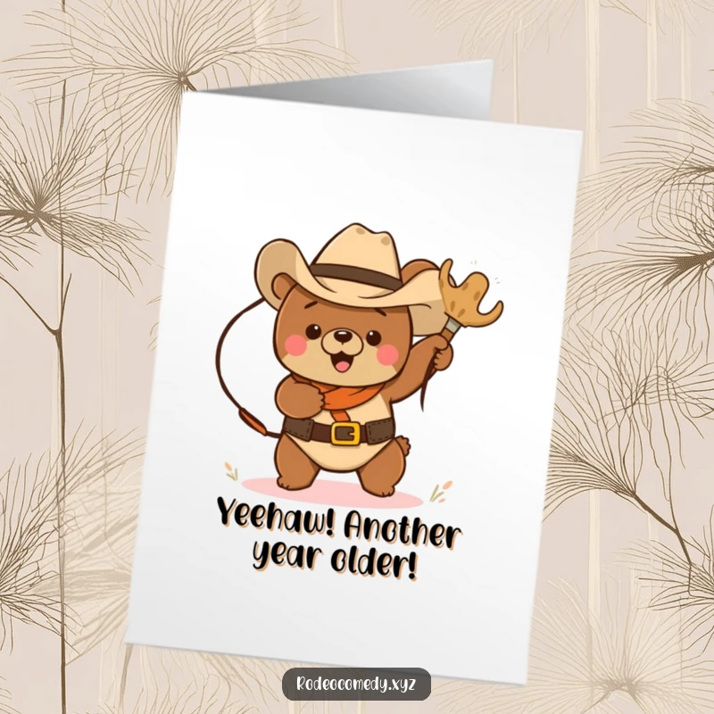 Funny Free Printable Birthday Card: Cowboy bear in hat lassoing a tumbleweed, capturing wild west joy and humor.