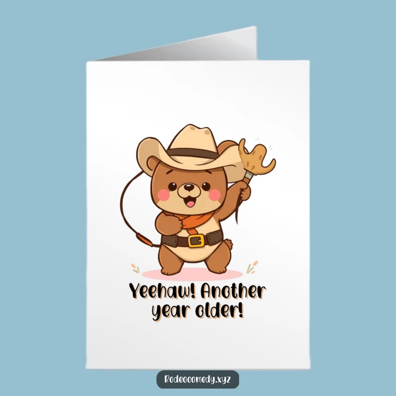 Free Printable Cowboy Bear Birthday Card: Funny Lassoing Tumbleweed AI Art Downloadable Gift