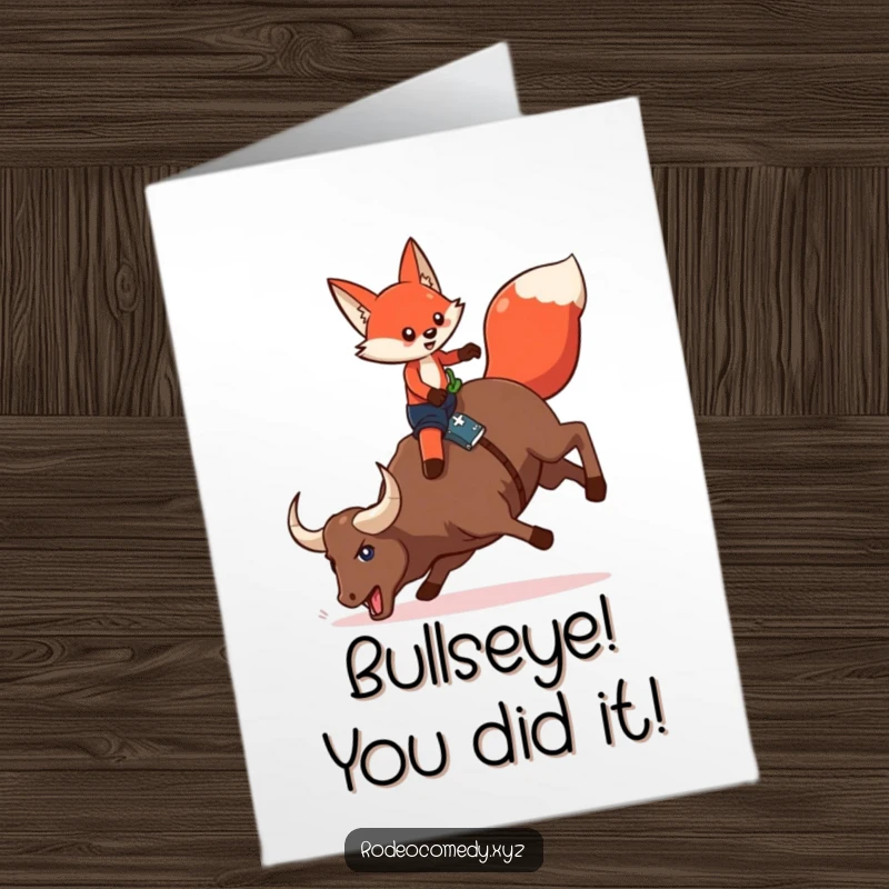 Funny Free Printable Congrats Card: Red fox in chaps attempting to mount a bucking mechanical bull, celebrating victory.