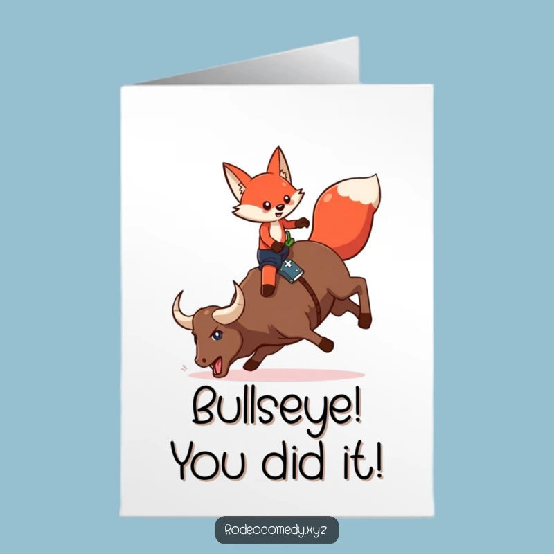 Free Printable Fox Congrats Card: Humorous Mechanical Bull Rider AI Art Download