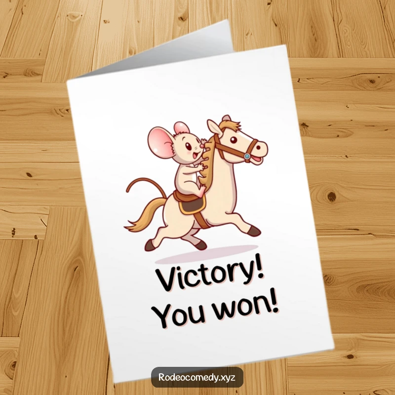 Funny Free Printable Mouse Congratulations Card: Mouse riding toy horse triumphantly for success.