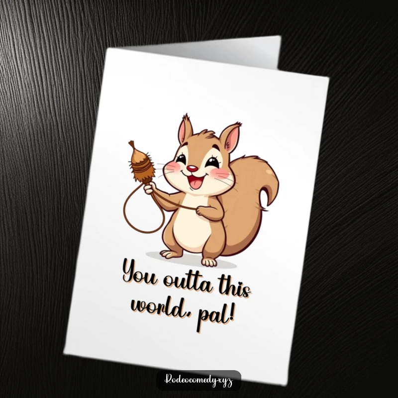 Funny Free Printable Congratulations Card: A cheerful squirrel triumphantly lassoing a tumbleweed, celebrating a big win.
