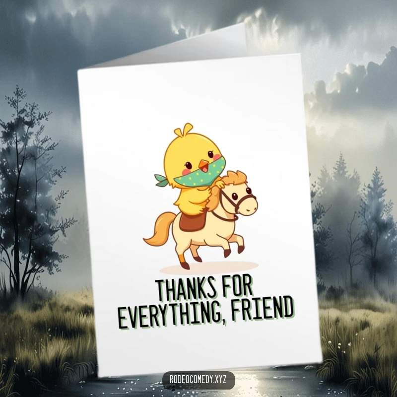 Funny Free Printable Thank You Card: Cheerful yellow chick in bandana riding a hobby horse, conveying thanks sweetly.