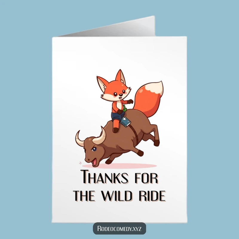 Free Printable Fox Thank You Card: Funny Mechanical Bull Rider AI Art Gift