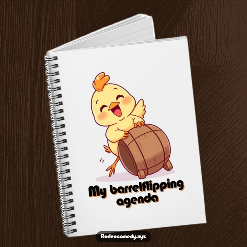 Funny baby chick notebook, gleefully attempting to tip a miniature barrel. Ideal for notes and bright ideas.