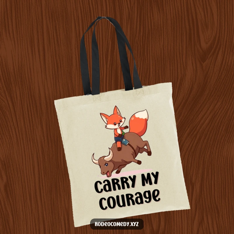 Funny red fox wearing chaps, attempting to ride a bucking mechanical bull, on a durable tote bag for a humorous carry-all.