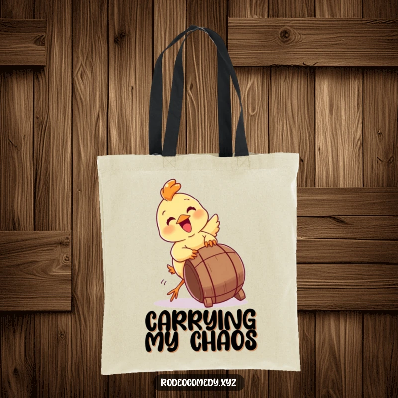 Funny baby chick tote bag, energetically trying to tip a miniature barrel. A charming, humorous accessory.