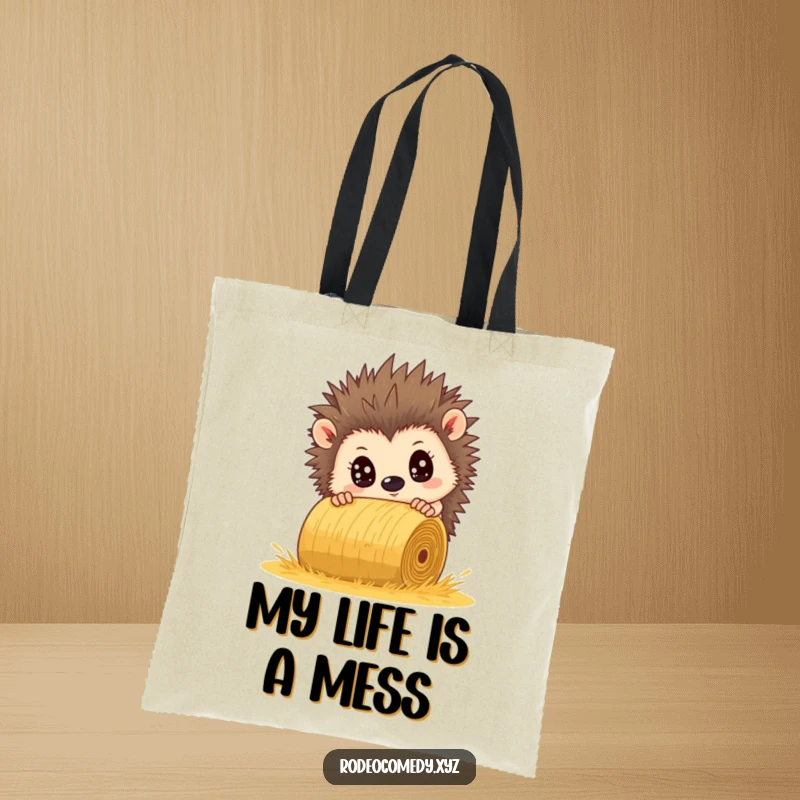 Funny hedgehog tote bag, comically startled, attempting to dodge a large rolling hay bale. A humorous, useful accessory.