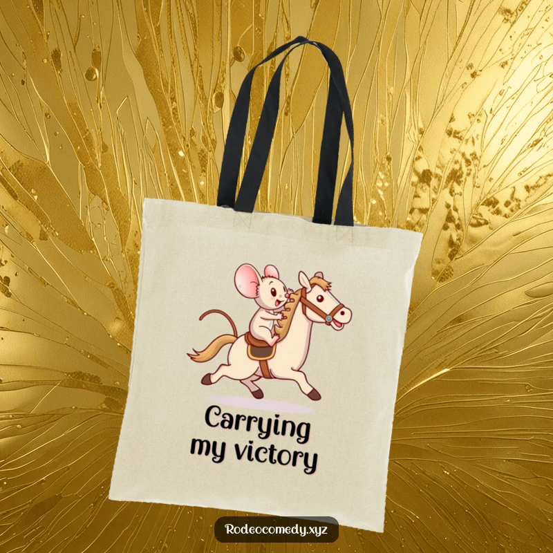 Funny tote bag depicting a determined mouse bravely riding a galloping toy horse with a triumphant expression, perfect for carrying essentials.