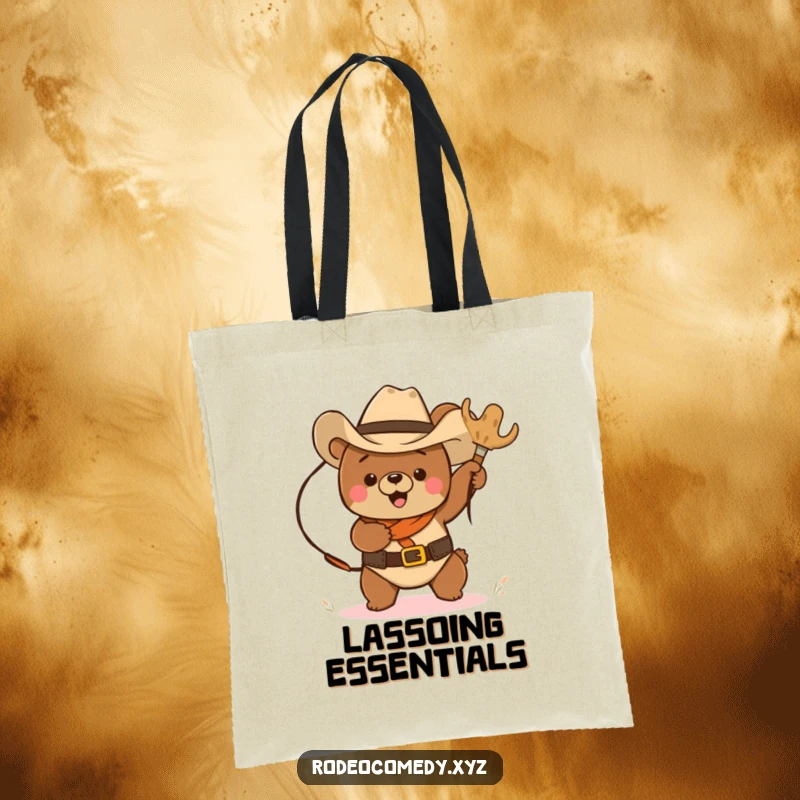 Funny cowboy bear with a lasso, chasing a tumbleweed across a durable tote bag, a humorous western accessory.